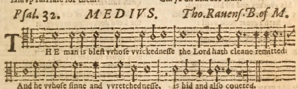 An illustration from The Whole booke of Psalmes : with the hymnes evangelicall, and songs spirituall ; composed into 4 parts by sundry authors, with such severall tunes as have beene, and are usually sung in England, Scotland, Wales, Germany, Italy, France, and the Netherlands ..., 1633, leaf 91