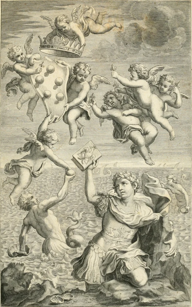 An illustration from Supplemento istorico dell'antica città di Forlì : in cui si descriue la provincia di Romagna ... : con la serie in fine dell' armi gentilizie di tutte le famiglie nobili viuenti, & alcune dell' estinte, e col catalogo de' vescoui e gouernatori ecclesiastici della medesima citta, 1678, leaf 4