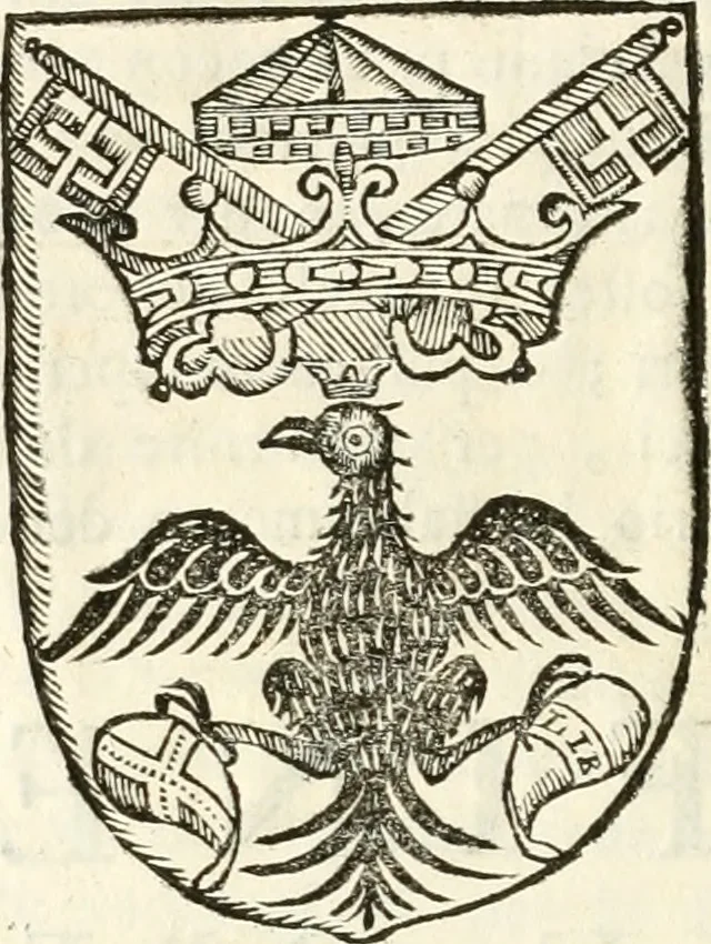 An illustration from Supplemento istorico dell'antica città di Forlì : in cui si descriue la provincia di Romagna ... : con la serie in fine dell' armi gentilizie di tutte le famiglie nobili viuenti, & alcune dell' estinte, e col catalogo de' vescoui e gouernatori ecclesiastici della medesima citta, 1678, leaf 827