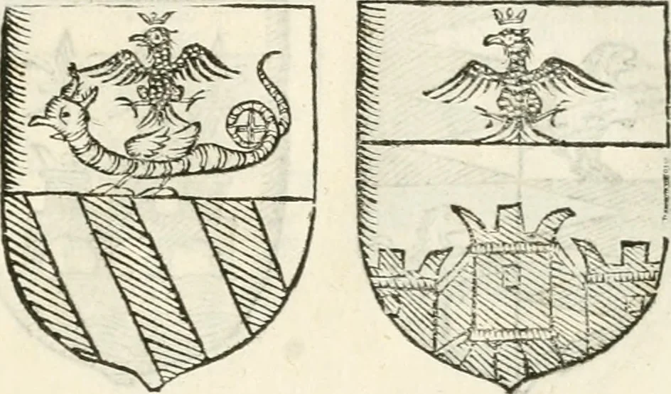 An illustration from Supplemento istorico dell'antica città di Forlì : in cui si descriue la provincia di Romagna ... : con la serie in fine dell' armi gentilizie di tutte le famiglie nobili viuenti, & alcune dell' estinte, e col catalogo de' vescoui e gouernatori ecclesiastici della medesima citta, 1678, leaf 832