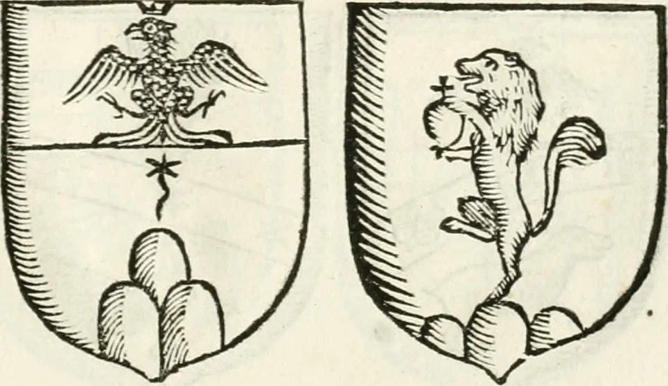 An illustration from Supplemento istorico dell'antica città di Forlì : in cui si descriue la provincia di Romagna ... : con la serie in fine dell' armi gentilizie di tutte le famiglie nobili viuenti, & alcune dell' estinte, e col catalogo de' vescoui e gouernatori ecclesiastici della medesima citta, 1678, leaf 840