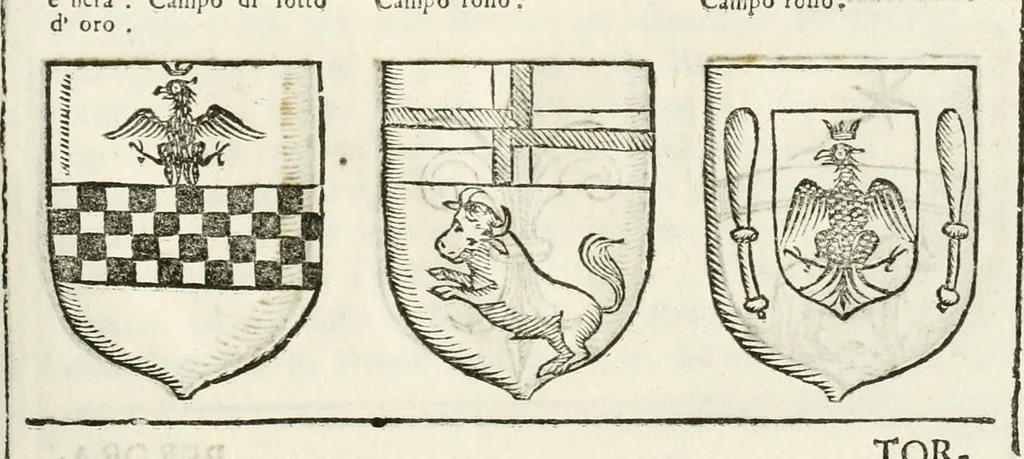 An illustration from Supplemento istorico dell'antica città di Forlì : in cui si descriue la provincia di Romagna ... : con la serie in fine dell' armi gentilizie di tutte le famiglie nobili viuenti, & alcune dell' estinte, e col catalogo de' vescoui e gouernatori ecclesiastici della medesima citta, 1678, leaf 842