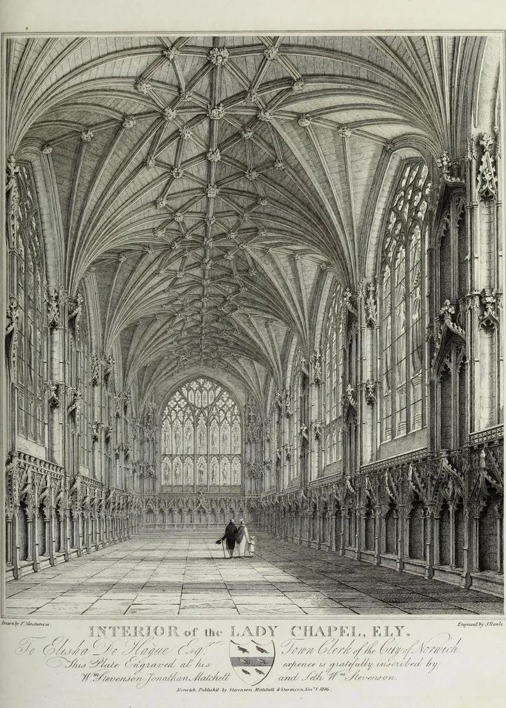An illustration from A supplement to the second edition of Mr. Bentham's History & antiquities of the cathedral & conventual church of Ely : comprising enlarged accounts of the monastery, lady chapel, Prior Crawden's chapel, the palaces and other buildings connected with the See and the church : with lists of the chancellors, vicars general, officials, commissaries, chief justices of the Isle of Ely, &c. : also, notes, architectural, biographical, historical and explanatory, 1817, leaf 100