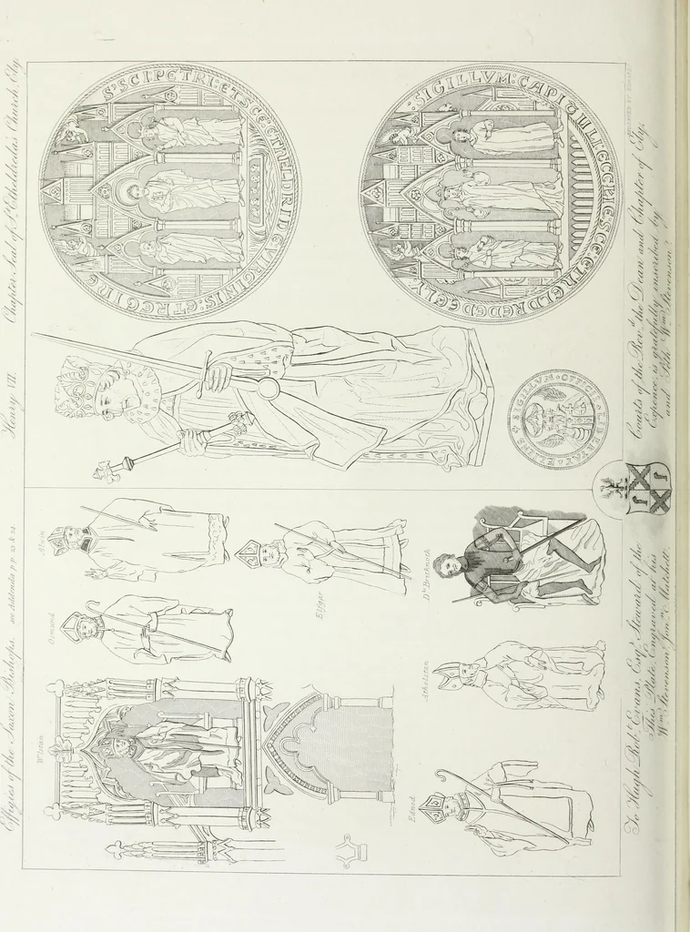 An illustration from A supplement to the second edition of Mr. Bentham's History & antiquities of the cathedral & conventual church of Ely : comprising enlarged accounts of the monastery, lady chapel, Prior Crawden's chapel, the palaces and other buildings connected with the See and the church : with lists of the chancellors, vicars general, officials, commissaries, chief justices of the Isle of Ely, &c. : also, notes, architectural, biographical, historical and explanatory, 1817, leaf 109