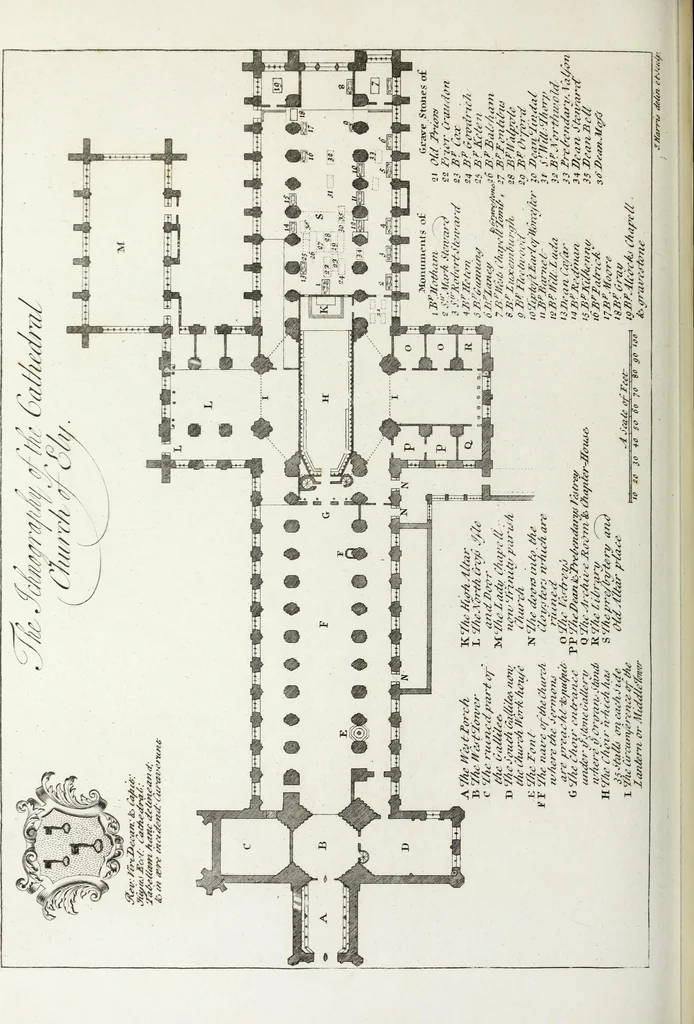 An illustration from A supplement to the second edition of Mr. Bentham's History & antiquities of the cathedral & conventual church of Ely : comprising enlarged accounts of the monastery, lady chapel, Prior Crawden's chapel, the palaces and other buildings connected with the See and the church : with lists of the chancellors, vicars general, officials, commissaries, chief justices of the Isle of Ely, &c. : also, notes, architectural, biographical, historical and explanatory, 1817, leaf 119