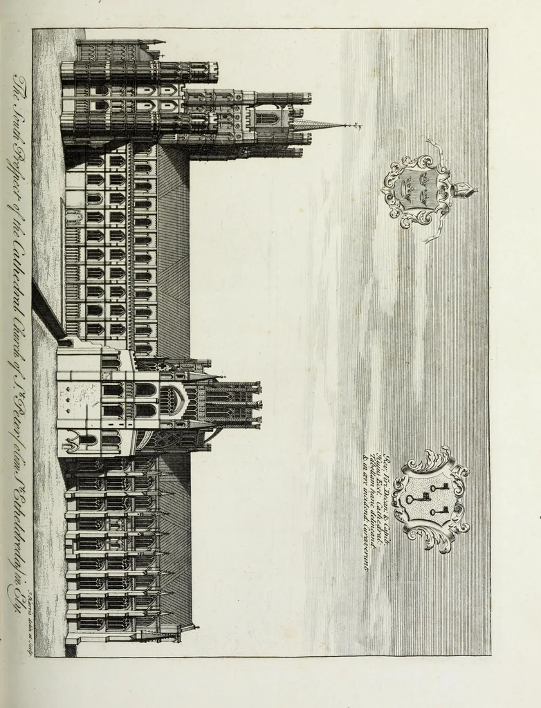 An illustration from A supplement to the second edition of Mr. Bentham's History & antiquities of the cathedral & conventual church of Ely : comprising enlarged accounts of the monastery, lady chapel, Prior Crawden's chapel, the palaces and other buildings connected with the See and the church : with lists of the chancellors, vicars general, officials, commissaries, chief justices of the Isle of Ely, &c. : also, notes, architectural, biographical, historical and explanatory, 1817, leaf 144
