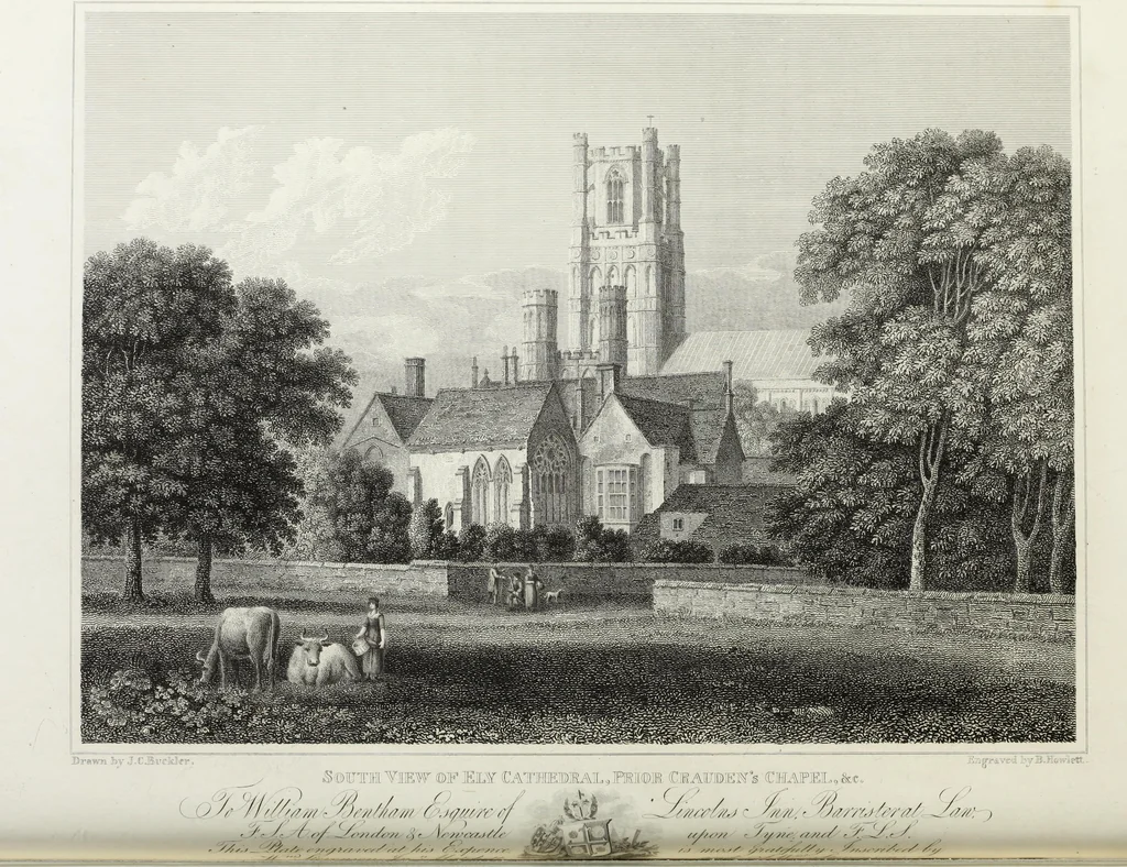 An illustration from A supplement to the second edition of Mr. Bentham's History & antiquities of the cathedral & conventual church of Ely : comprising enlarged accounts of the monastery, lady chapel, Prior Crawden's chapel, the palaces and other buildings connected with the See and the church : with lists of the chancellors, vicars general, officials, commissaries, chief justices of the Isle of Ely, &c. : also, notes, architectural, biographical, historical and explanatory, 1817, leaf 67