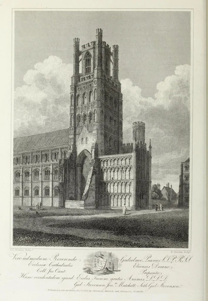 An illustration from A supplement to the second edition of Mr. Bentham's History & antiquities of the cathedral & conventual church of Ely : comprising enlarged accounts of the monastery, lady chapel, Prior Crawden's chapel, the palaces and other buildings connected with the See and the church : with lists of the chancellors, vicars general, officials, commissaries, chief justices of the Isle of Ely, &c. : also, notes, architectural, biographical, historical and explanatory, 1817, leaf 93