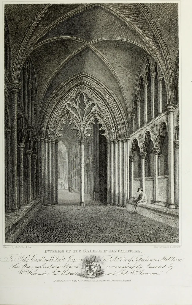 An illustration from A supplement to the second edition of Mr. Bentham's History & antiquities of the cathedral & conventual church of Ely : comprising enlarged accounts of the monastery, lady chapel, Prior Crawden's chapel, the palaces and other buildings connected with the See and the church : with lists of the chancellors, vicars general, officials, commissaries, chief justices of the Isle of Ely, &c. : also, notes, architectural, biographical, historical and explanatory, 1817, leaf 96