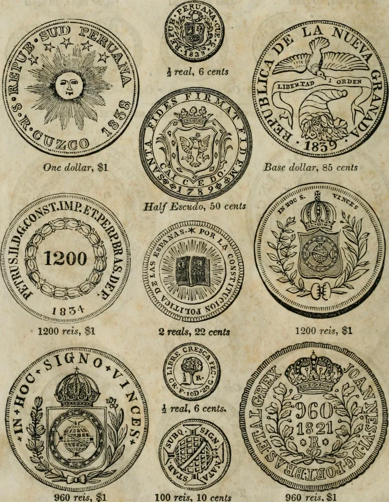 An illustration from Supplement to Thompson's Bank note reporter, containing 750 fac-similes of the various gold and silver coins, most generally found in circulation, 1850, leaf 13