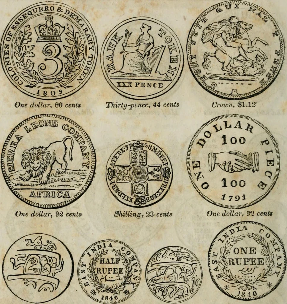 An illustration from Supplement to Thompson's Bank note reporter, containing 750 fac-similes of the various gold and silver coins, most generally found in circulation, 1850, leaf 25