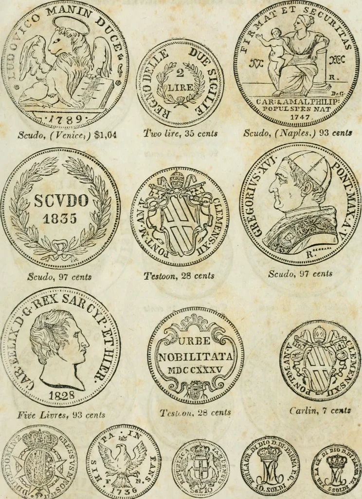 An illustration from Supplement to Thompson's Bank note reporter, containing 750 fac-similes of the various gold and silver coins, most generally found in circulation, 1850, leaf 26