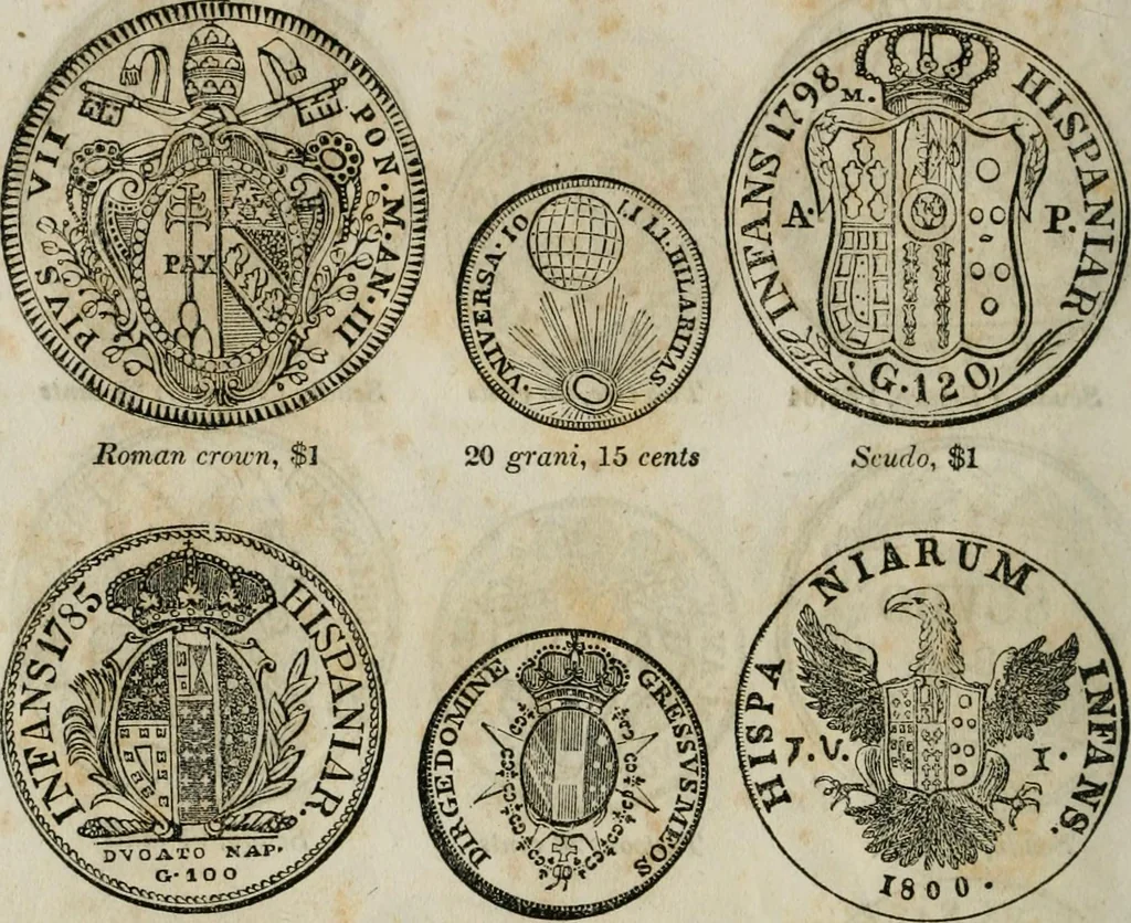 An illustration from Supplement to Thompson's Bank note reporter, containing 750 fac-similes of the various gold and silver coins, most generally found in circulation, 1850, leaf 27