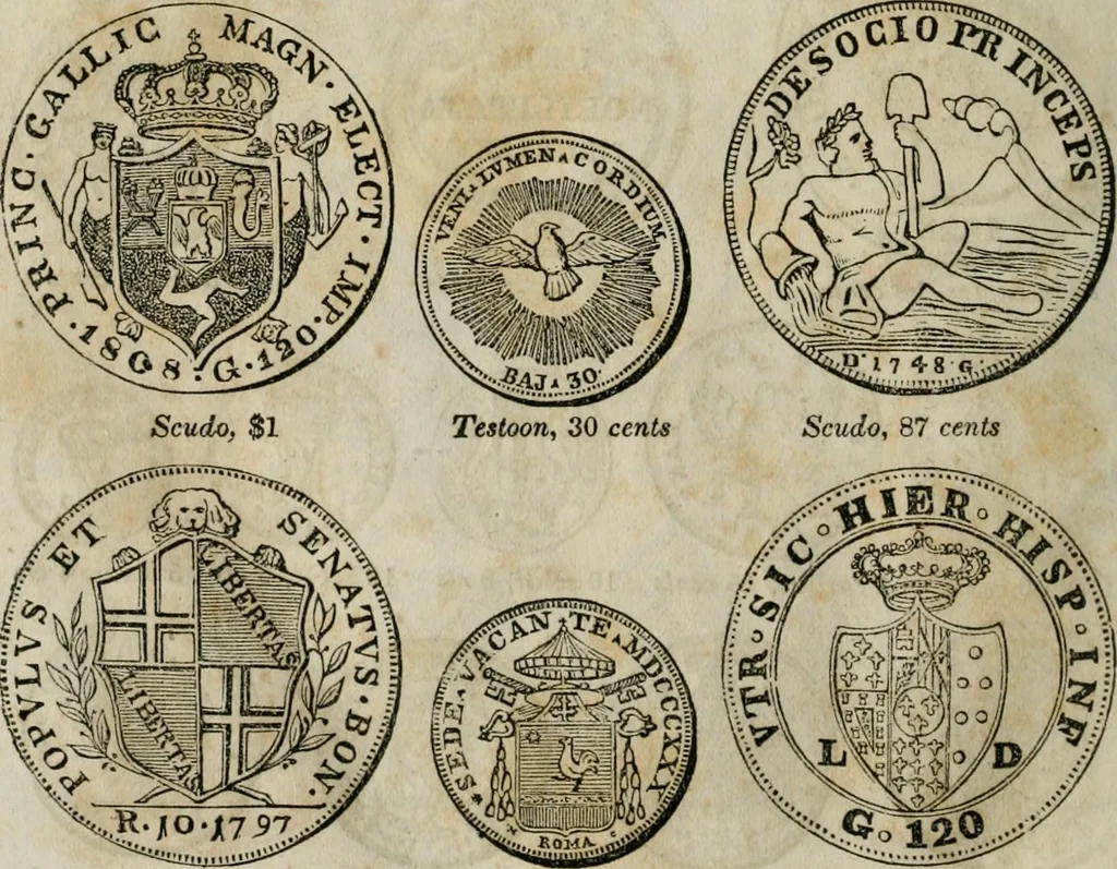 An illustration from Supplement to Thompson's Bank note reporter, containing 750 fac-similes of the various gold and silver coins, most generally found in circulation, 1850, leaf 27