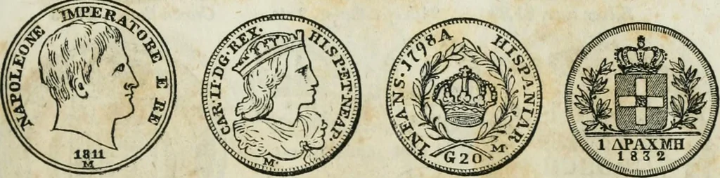 An illustration from Supplement to Thompson's Bank note reporter, containing 750 fac-similes of the various gold and silver coins, most generally found in circulation, 1850, leaf 30
