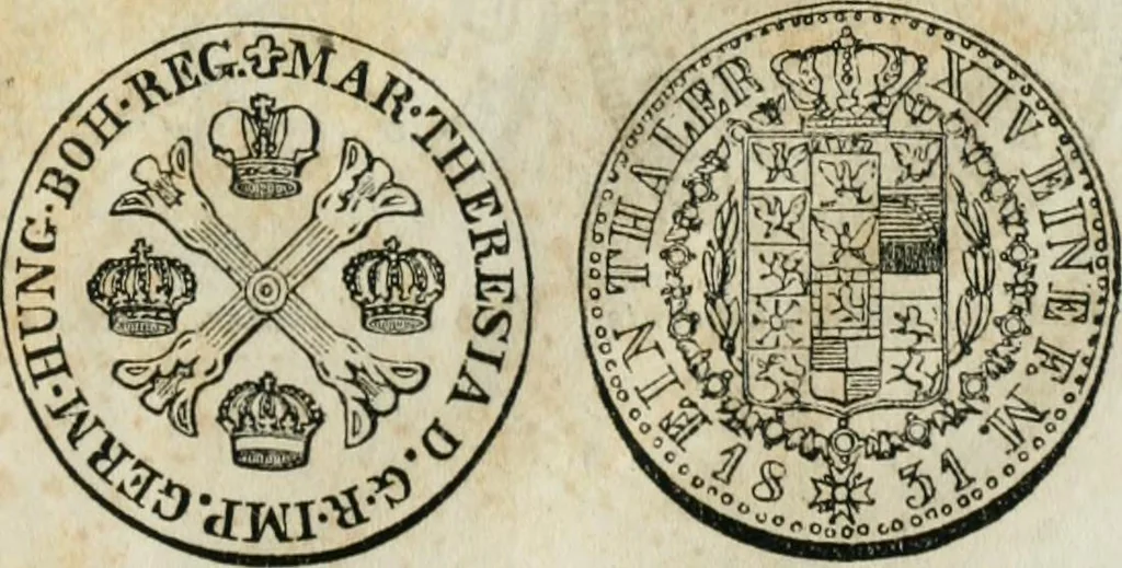 An illustration from Supplement to Thompson's Bank note reporter, containing 750 fac-similes of the various gold and silver coins, most generally found in circulation, 1850, leaf 32