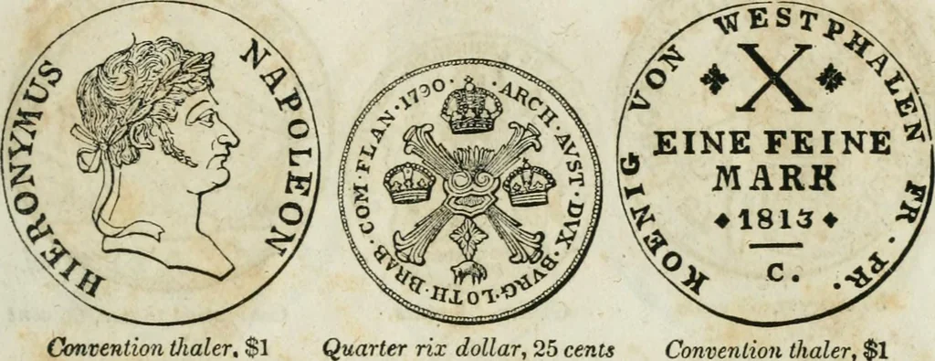 An illustration from Supplement to Thompson's Bank note reporter, containing 750 fac-similes of the various gold and silver coins, most generally found in circulation, 1850, leaf 34