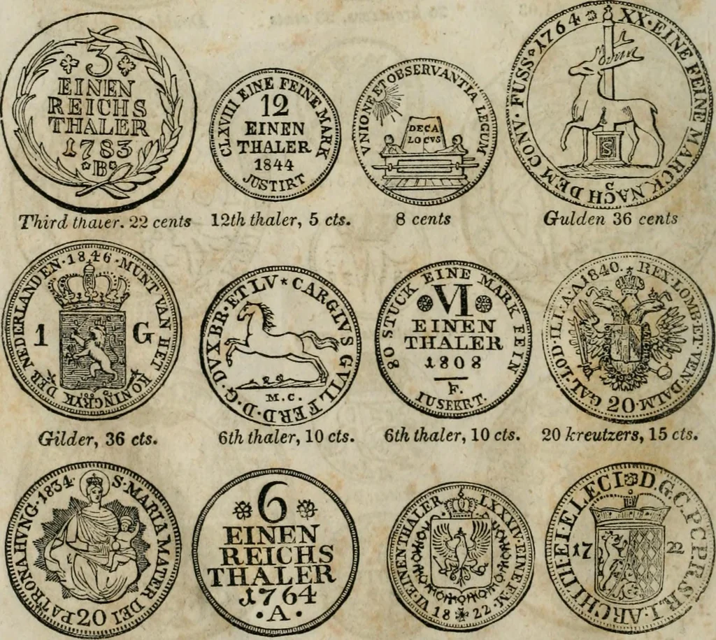 An illustration from Supplement to Thompson's Bank note reporter, containing 750 fac-similes of the various gold and silver coins, most generally found in circulation, 1850, leaf 39