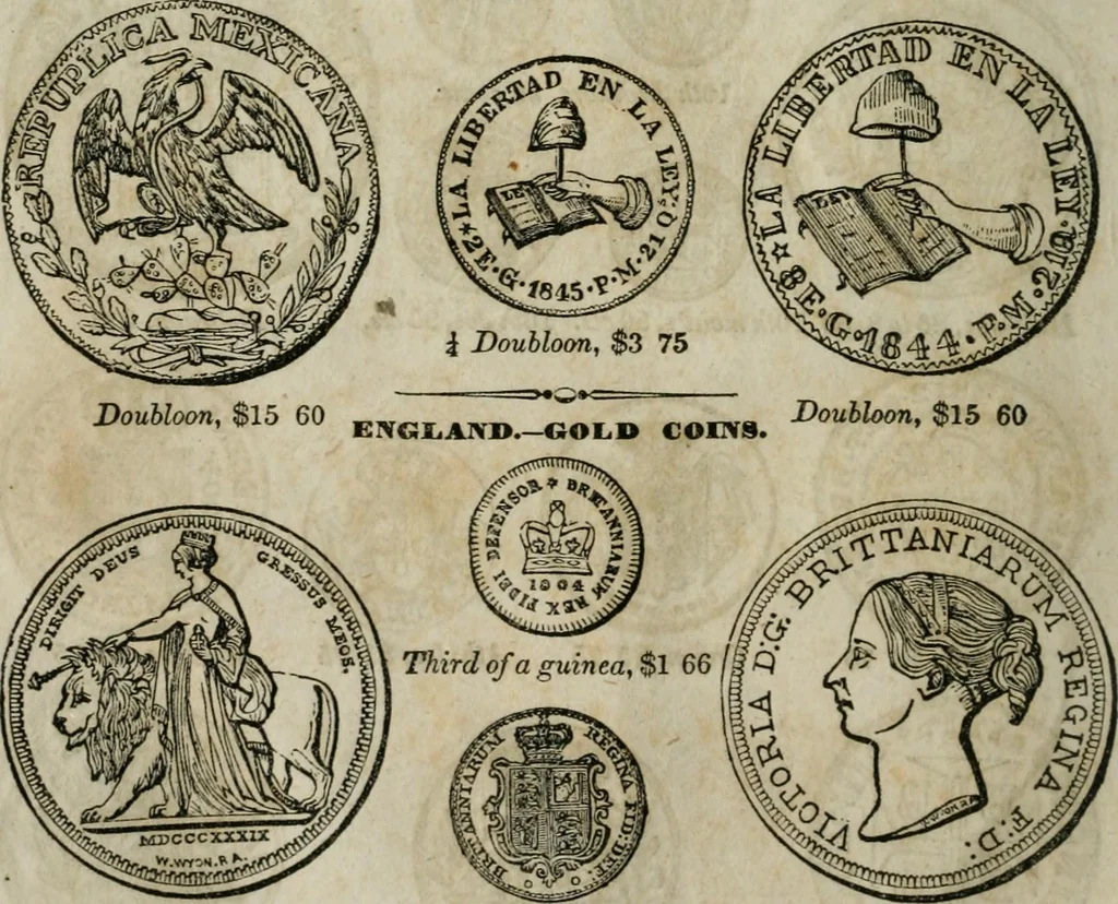 An illustration from Supplement to Thompson's Bank note reporter, containing 750 fac-similes of the various gold and silver coins, most generally found in circulation, 1850, leaf 5