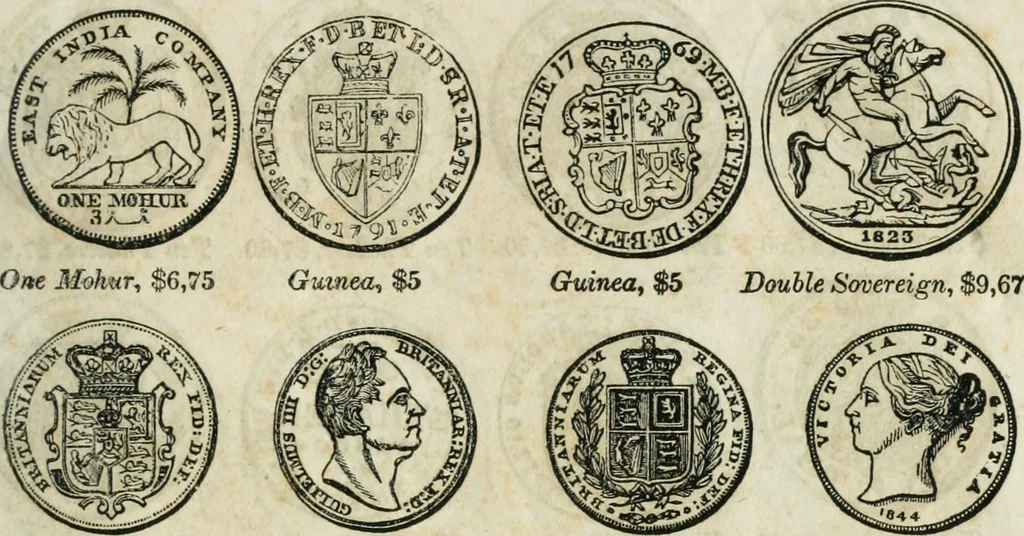 An illustration from Supplement to Thompson's Bank note reporter, containing 750 fac-similes of the various gold and silver coins, most generally found in circulation, 1850, leaf 6