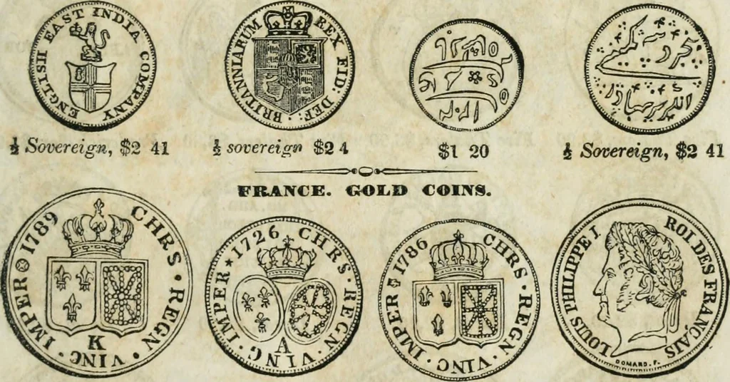 An illustration from Supplement to Thompson's Bank note reporter, containing 750 fac-similes of the various gold and silver coins, most generally found in circulation, 1850, leaf 6