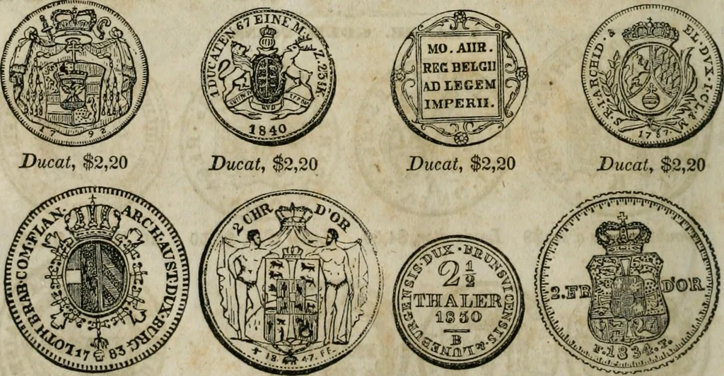 An illustration from Supplement to Thompson's Bank note reporter, containing 750 fac-similes of the various gold and silver coins, most generally found in circulation, 1850, leaf 7