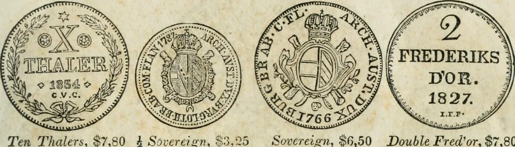 An illustration from Supplement to Thompson's Bank note reporter, containing 750 fac-similes of the various gold and silver coins, most generally found in circulation, 1850, leaf 8