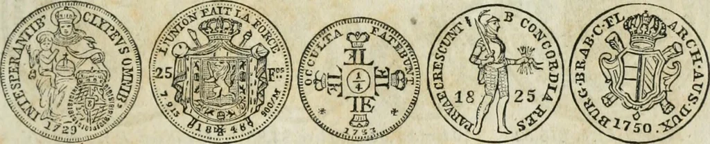 An illustration from Supplement to Thompson's Bank note reporter, containing 750 fac-similes of the various gold and silver coins, most generally found in circulation, 1850, leaf 8