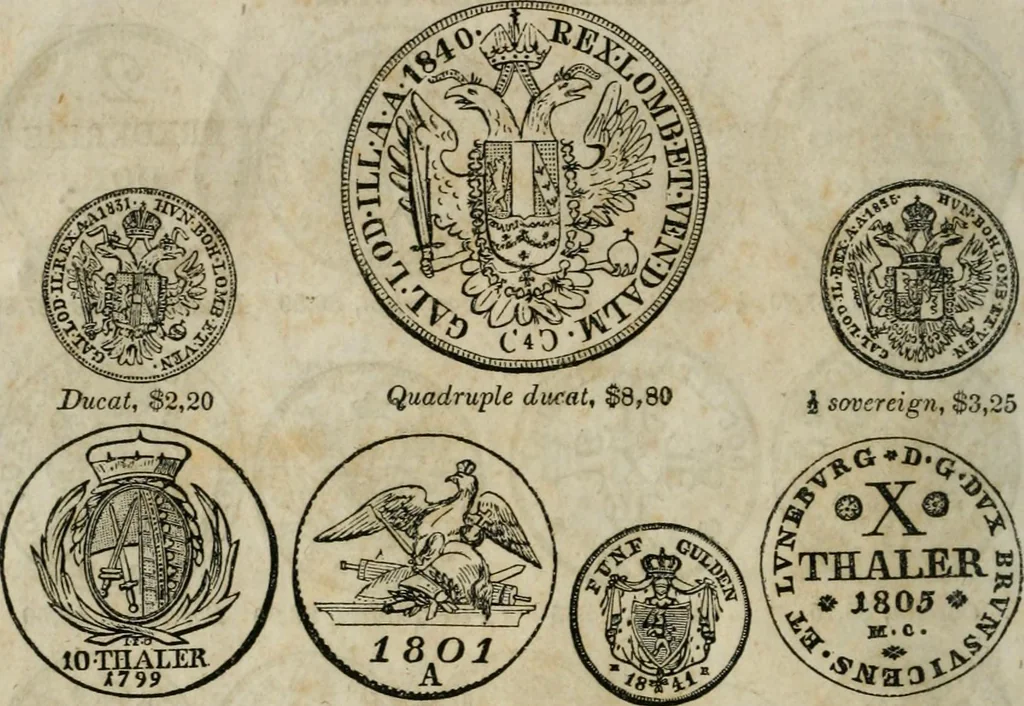 An illustration from Supplement to Thompson's Bank note reporter, containing 750 fac-similes of the various gold and silver coins, most generally found in circulation, 1850, leaf 9