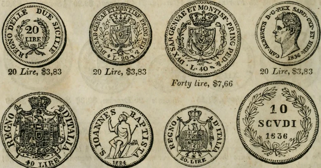 An illustration from Supplement to Thompson's Bank note reporter, containing 750 fac-similes of the various gold and silver coins, most generally found in circulation, 1850, leaf 9
