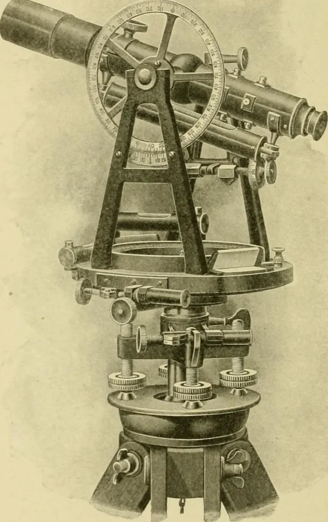 An illustration from Surveying ; a manual of practical instruction in the art of plane surveying, including plotting, leveling, triangulation, line running, cross-sectioning, traversing, and other details of field work, 1910, leaf 111