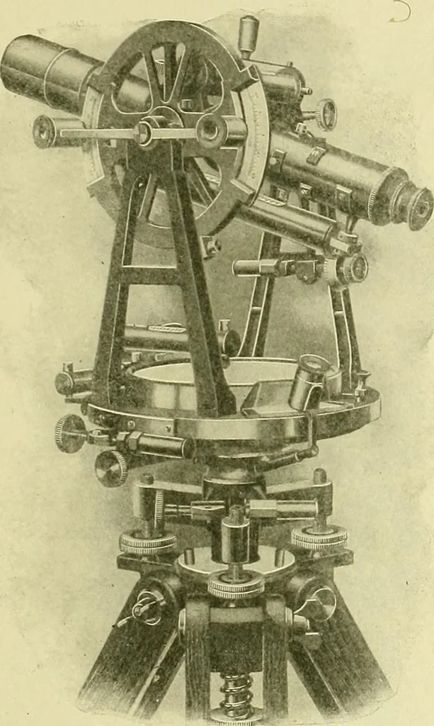 An illustration from Surveying ; a manual of practical instruction in the art of plane surveying, including plotting, leveling, triangulation, line running, cross-sectioning, traversing, and other details of field work, 1910, leaf 112