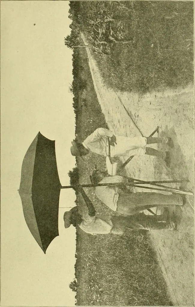 An illustration from Surveying ; a manual of practical instruction in the art of plane surveying, including plotting, leveling, triangulation, line running, cross-sectioning, traversing, and other details of field work, 1910, leaf 128