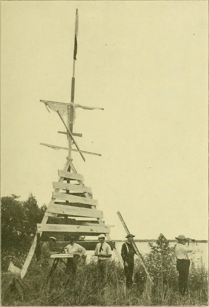 An illustration from Surveying ; a manual of practical instruction in the art of plane surveying, including plotting, leveling, triangulation, line running, cross-sectioning, traversing, and other details of field work, 1910, leaf 142