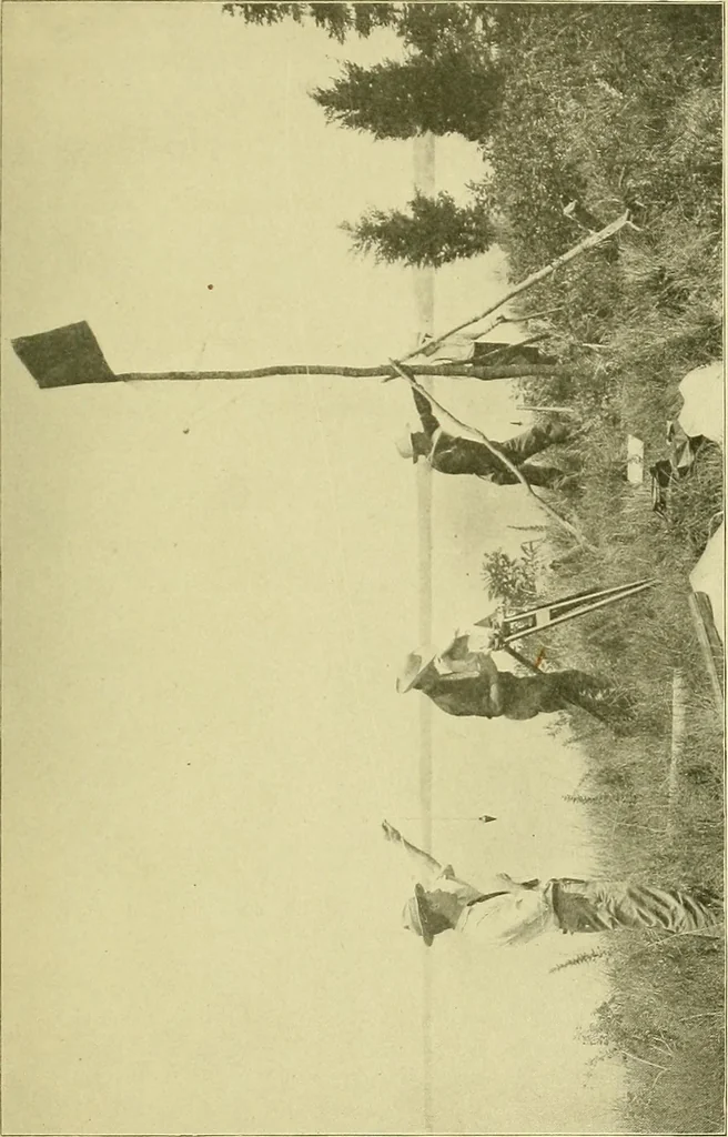 An illustration from Surveying ; a manual of practical instruction in the art of plane surveying, including plotting, leveling, triangulation, line running, cross-sectioning, traversing, and other details of field work, 1910, leaf 178