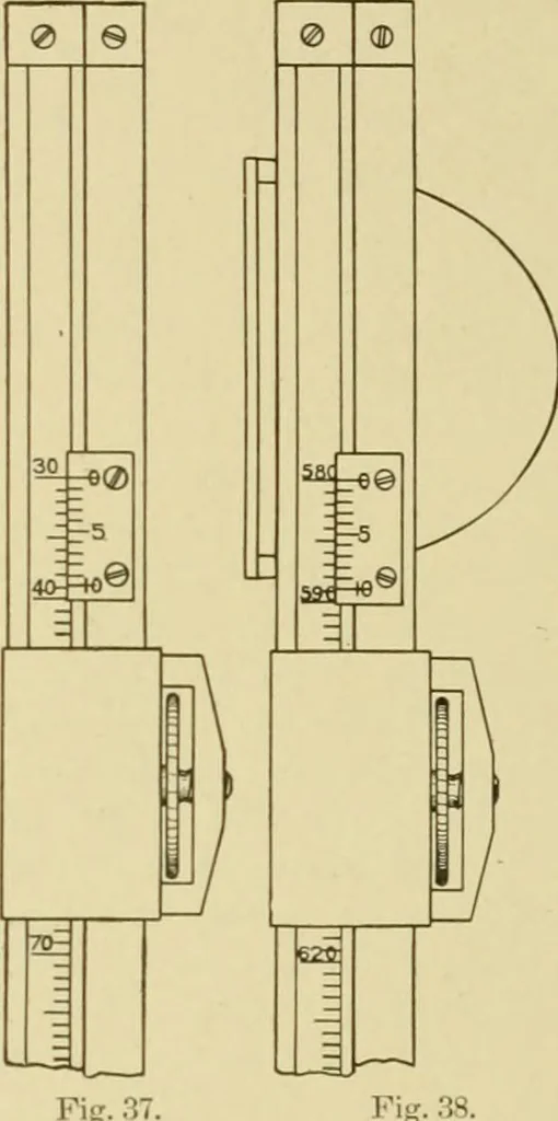 An illustration from Surveying ; a manual of practical instruction in the art of plane surveying, including plotting, leveling, triangulation, line running, cross-sectioning, traversing, and other details of field work, 1910, leaf 55