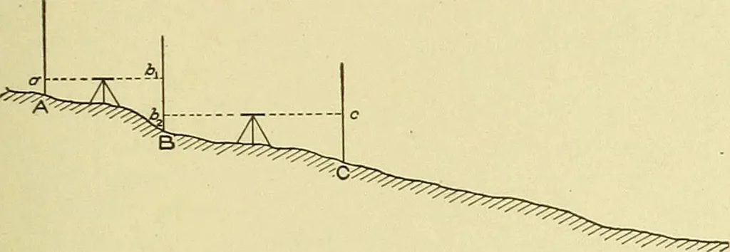 An illustration from Surveying ; a manual of practical instruction in the art of plane surveying, including plotting, leveling, triangulation, line running, cross-sectioning, traversing, and other details of field work, 1910, leaf 70