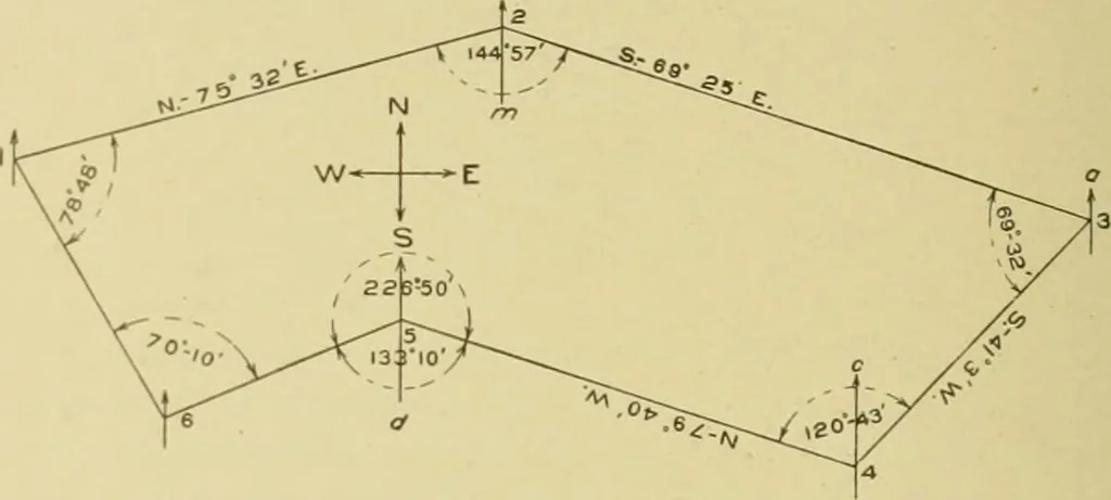 An illustration from Surveying ; a manual of practical instruction in the art of plane surveying, including plotting, leveling, triangulation, line running, cross-sectioning, traversing, and other details of field work, 1910, leaf 89