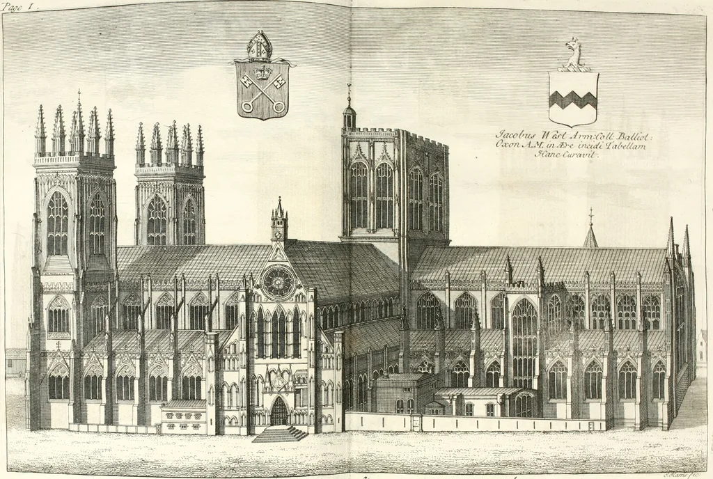 An illustration from A survey of the cathedrals of York, Durham, Carlisle, Chester, Man, Litchfield, Hereford, Worcester, Gloucester, Bristol, Lincoln, Ely, Oxford, Peterborough, Canterbury, Rochester, London, Winchester, Chichester, Norwich, Salisbury, Wells, Exeter, St. Davids, Landaff, Bangor, and St. Asaph : containing an history of their foundations, builders, antient monuments, and inscriptions, endowments, alienations, sales of lands, patronages ... : with an exact account of all the churches and chapels in each diocese, distinguished under their proper archdeaconries and deanries, to what saints dedicated, who patrons of them, and to what religious houses appropriated : the whole extracted from numerous collections out of the registers of every particular see ... : and illustrated with thirty-two curious draughts ... : in three volumes, 1742, leaf 21