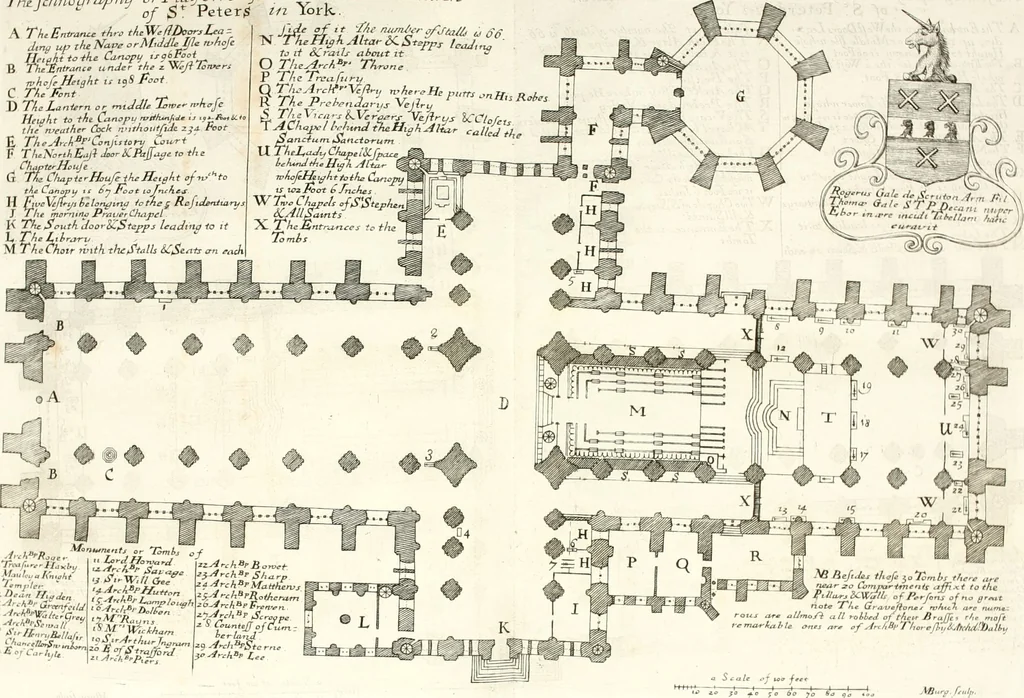 An illustration from A survey of the cathedrals of York, Durham, Carlisle, Chester, Man, Litchfield, Hereford, Worcester, Gloucester, Bristol, Lincoln, Ely, Oxford, Peterborough, Canterbury, Rochester, London, Winchester, Chichester, Norwich, Salisbury, Wells, Exeter, St. Davids, Landaff, Bangor, and St. Asaph : containing an history of their foundations, builders, antient monuments, and inscriptions, endowments, alienations, sales of lands, patronages ... : with an exact account of all the churches and chapels in each diocese, distinguished under their proper archdeaconries and deanries, to what saints dedicated, who patrons of them, and to what religious houses appropriated : the whole extracted from numerous collections out of the registers of every particular see ... : and illustrated with thirty-two curious draughts ... : in three volumes, 1742, leaf 23