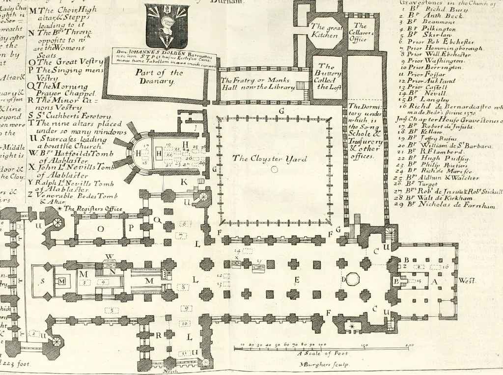 An illustration from A survey of the cathedrals of York, Durham, Carlisle, Chester, Man, Litchfield, Hereford, Worcester, Gloucester, Bristol, Lincoln, Ely, Oxford, Peterborough, Canterbury, Rochester, London, Winchester, Chichester, Norwich, Salisbury, Wells, Exeter, St. Davids, Landaff, Bangor, and St. Asaph : containing an history of their foundations, builders, antient monuments, and inscriptions, endowments, alienations, sales of lands, patronages ... : with an exact account of all the churches and chapels in each diocese, distinguished under their proper archdeaconries and deanries, to what saints dedicated, who patrons of them, and to what religious houses appropriated : the whole extracted from numerous collections out of the registers of every particular see ... : and illustrated with thirty-two curious draughts ... : in three volumes, 1742, leaf 253