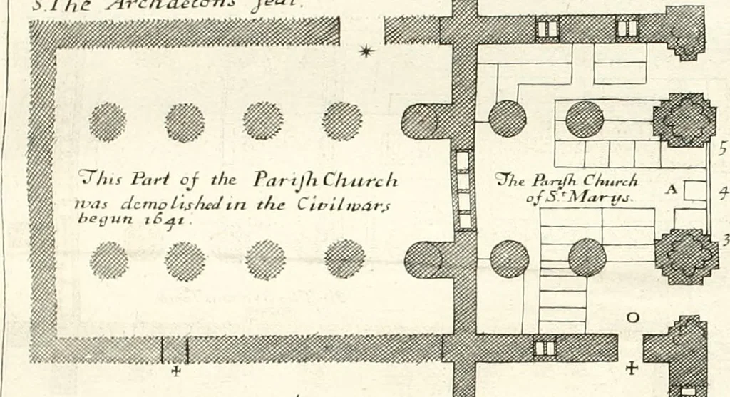 An illustration from A survey of the cathedrals of York, Durham, Carlisle, Chester, Man, Litchfield, Hereford, Worcester, Gloucester, Bristol, Lincoln, Ely, Oxford, Peterborough, Canterbury, Rochester, London, Winchester, Chichester, Norwich, Salisbury, Wells, Exeter, St. Davids, Landaff, Bangor, and St. Asaph : containing an history of their foundations, builders, antient monuments, and inscriptions, endowments, alienations, sales of lands, patronages ... : with an exact account of all the churches and chapels in each diocese, distinguished under their proper archdeaconries and deanries, to what saints dedicated, who patrons of them, and to what religious houses appropriated : the whole extracted from numerous collections out of the registers of every particular see ... : and illustrated with thirty-two curious draughts ... : in three volumes, 1742, leaf 317