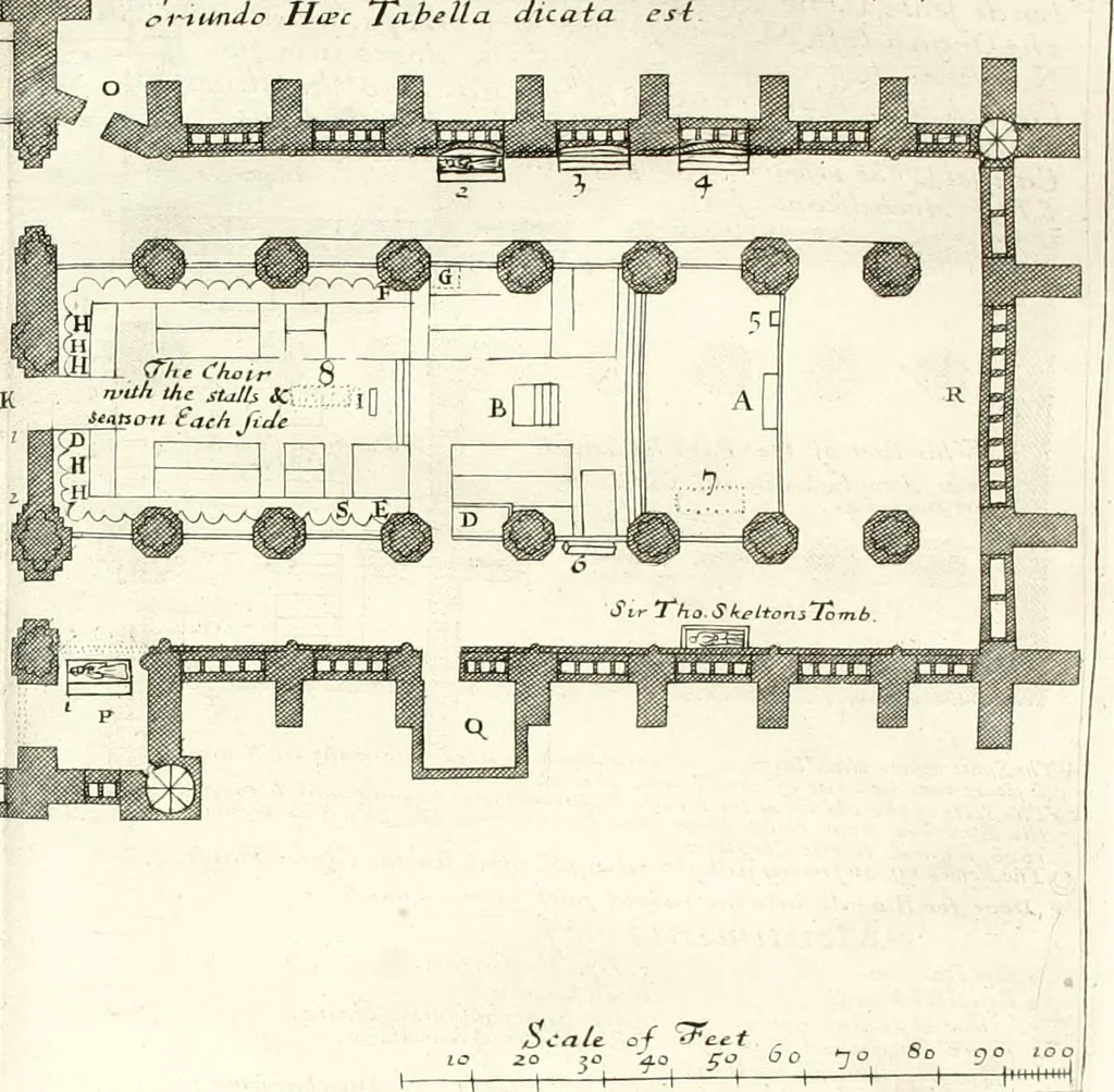 An illustration from A survey of the cathedrals of York, Durham, Carlisle, Chester, Man, Litchfield, Hereford, Worcester, Gloucester, Bristol, Lincoln, Ely, Oxford, Peterborough, Canterbury, Rochester, London, Winchester, Chichester, Norwich, Salisbury, Wells, Exeter, St. Davids, Landaff, Bangor, and St. Asaph : containing an history of their foundations, builders, antient monuments, and inscriptions, endowments, alienations, sales of lands, patronages ... : with an exact account of all the churches and chapels in each diocese, distinguished under their proper archdeaconries and deanries, to what saints dedicated, who patrons of them, and to what religious houses appropriated : the whole extracted from numerous collections out of the registers of every particular see ... : and illustrated with thirty-two curious draughts ... : in three volumes, 1742, leaf 317