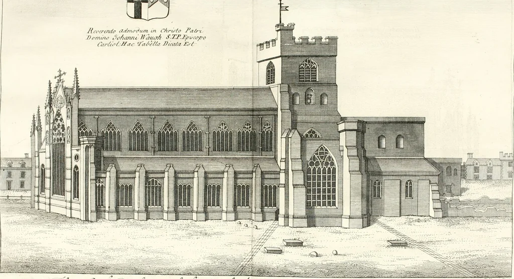 An illustration from A survey of the cathedrals of York, Durham, Carlisle, Chester, Man, Litchfield, Hereford, Worcester, Gloucester, Bristol, Lincoln, Ely, Oxford, Peterborough, Canterbury, Rochester, London, Winchester, Chichester, Norwich, Salisbury, Wells, Exeter, St. Davids, Landaff, Bangor, and St. Asaph : containing an history of their foundations, builders, antient monuments, and inscriptions, endowments, alienations, sales of lands, patronages ... : with an exact account of all the churches and chapels in each diocese, distinguished under their proper archdeaconries and deanries, to what saints dedicated, who patrons of them, and to what religious houses appropriated : the whole extracted from numerous collections out of the registers of every particular see ... : and illustrated with thirty-two curious draughts ... : in three volumes, 1742, leaf 319