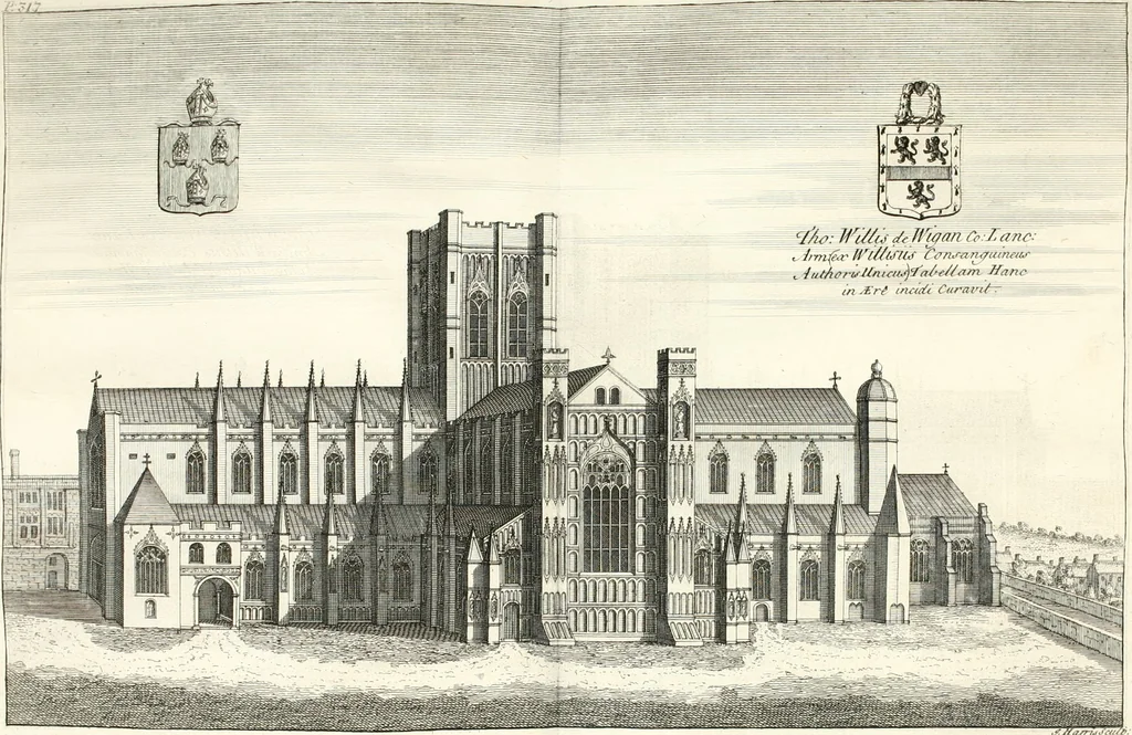 An illustration from A survey of the cathedrals of York, Durham, Carlisle, Chester, Man, Litchfield, Hereford, Worcester, Gloucester, Bristol, Lincoln, Ely, Oxford, Peterborough, Canterbury, Rochester, London, Winchester, Chichester, Norwich, Salisbury, Wells, Exeter, St. Davids, Landaff, Bangor, and St. Asaph : containing an history of their foundations, builders, antient monuments, and inscriptions, endowments, alienations, sales of lands, patronages ... : with an exact account of all the churches and chapels in each diocese, distinguished under their proper archdeaconries and deanries, to what saints dedicated, who patrons of them, and to what religious houses appropriated : the whole extracted from numerous collections out of the registers of every particular see ... : and illustrated with thirty-two curious draughts ... : in three volumes, 1742, leaf 353