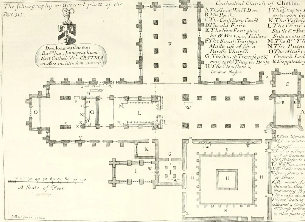 An illustration from A survey of the cathedrals of York, Durham, Carlisle, Chester, Man, Litchfield, Hereford, Worcester, Gloucester, Bristol, Lincoln, Ely, Oxford, Peterborough, Canterbury, Rochester, London, Winchester, Chichester, Norwich, Salisbury, Wells, Exeter, St. Davids, Landaff, Bangor, and St. Asaph : containing an history of their foundations, builders, antient monuments, and inscriptions, endowments, alienations, sales of lands, patronages ... : with an exact account of all the churches and chapels in each diocese, distinguished under their proper archdeaconries and deanries, to what saints dedicated, who patrons of them, and to what religious houses appropriated : the whole extracted from numerous collections out of the registers of every particular see ... : and illustrated with thirty-two curious draughts ... : in three volumes, 1742, leaf 355