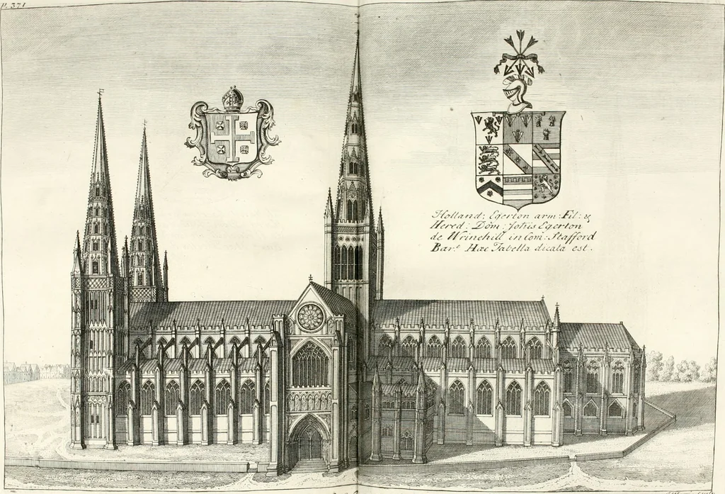 An illustration from A survey of the cathedrals of York, Durham, Carlisle, Chester, Man, Litchfield, Hereford, Worcester, Gloucester, Bristol, Lincoln, Ely, Oxford, Peterborough, Canterbury, Rochester, London, Winchester, Chichester, Norwich, Salisbury, Wells, Exeter, St. Davids, Landaff, Bangor, and St. Asaph : containing an history of their foundations, builders, antient monuments, and inscriptions, endowments, alienations, sales of lands, patronages ... : with an exact account of all the churches and chapels in each diocese, distinguished under their proper archdeaconries and deanries, to what saints dedicated, who patrons of them, and to what religious houses appropriated : the whole extracted from numerous collections out of the registers of every particular see ... : and illustrated with thirty-two curious draughts ... : in three volumes, 1742, leaf 423