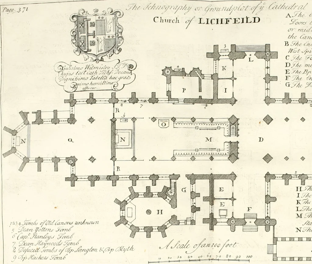 An illustration from A survey of the cathedrals of York, Durham, Carlisle, Chester, Man, Litchfield, Hereford, Worcester, Gloucester, Bristol, Lincoln, Ely, Oxford, Peterborough, Canterbury, Rochester, London, Winchester, Chichester, Norwich, Salisbury, Wells, Exeter, St. Davids, Landaff, Bangor, and St. Asaph : containing an history of their foundations, builders, antient monuments, and inscriptions, endowments, alienations, sales of lands, patronages ... : with an exact account of all the churches and chapels in each diocese, distinguished under their proper archdeaconries and deanries, to what saints dedicated, who patrons of them, and to what religious houses appropriated : the whole extracted from numerous collections out of the registers of every particular see ... : and illustrated with thirty-two curious draughts ... : in three volumes, 1742, leaf 425