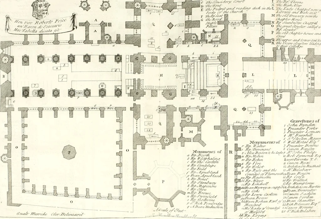 An illustration from A survey of the cathedrals of York, Durham, Carlisle, Chester, Man, Litchfield, Hereford, Worcester, Gloucester, Bristol, Lincoln, Ely, Oxford, Peterborough, Canterbury, Rochester, London, Winchester, Chichester, Norwich, Salisbury, Wells, Exeter, St. Davids, Landaff, Bangor, and St. Asaph : containing an history of their foundations, builders, antient monuments, and inscriptions, endowments, alienations, sales of lands, patronages ... : with an exact account of all the churches and chapels in each diocese, distinguished under their proper archdeaconries and deanries, to what saints dedicated, who patrons of them, and to what religious houses appropriated : the whole extracted from numerous collections out of the registers of every particular see ... : and illustrated with thirty-two curious draughts ... : in three volumes, 1742, leaf 555