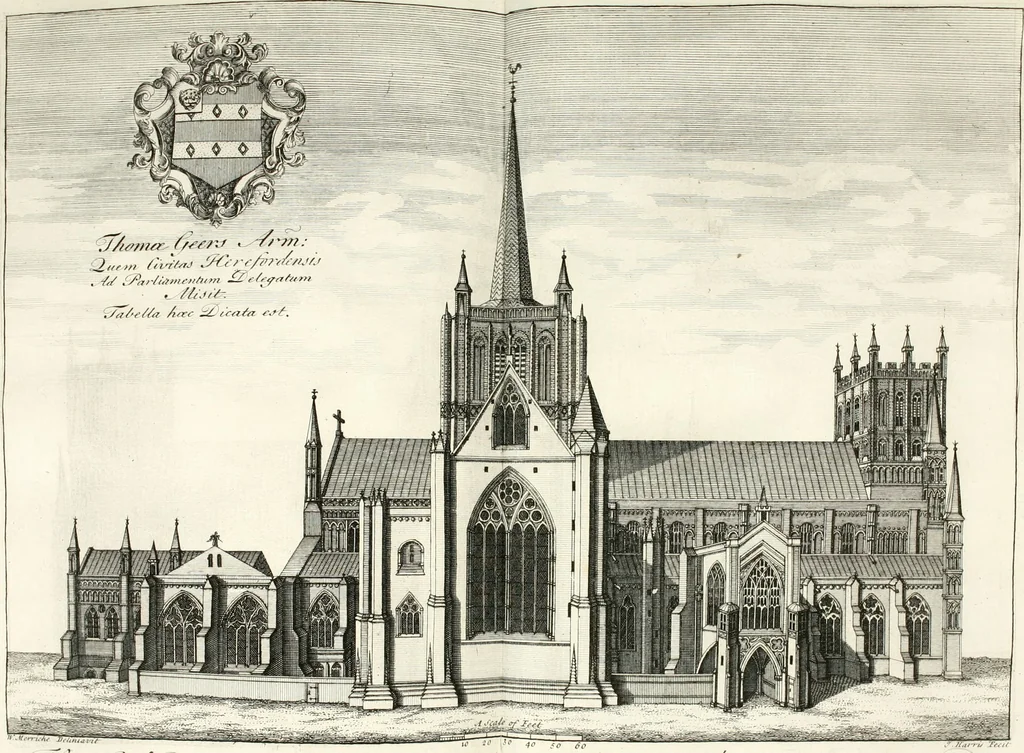 An illustration from A survey of the cathedrals of York, Durham, Carlisle, Chester, Man, Litchfield, Hereford, Worcester, Gloucester, Bristol, Lincoln, Ely, Oxford, Peterborough, Canterbury, Rochester, London, Winchester, Chichester, Norwich, Salisbury, Wells, Exeter, St. Davids, Landaff, Bangor, and St. Asaph : containing an history of their foundations, builders, antient monuments, and inscriptions, endowments, alienations, sales of lands, patronages ... : with an exact account of all the churches and chapels in each diocese, distinguished under their proper archdeaconries and deanries, to what saints dedicated, who patrons of them, and to what religious houses appropriated : the whole extracted from numerous collections out of the registers of every particular see ... : and illustrated with thirty-two curious draughts ... : in three volumes, 1742, leaf 559